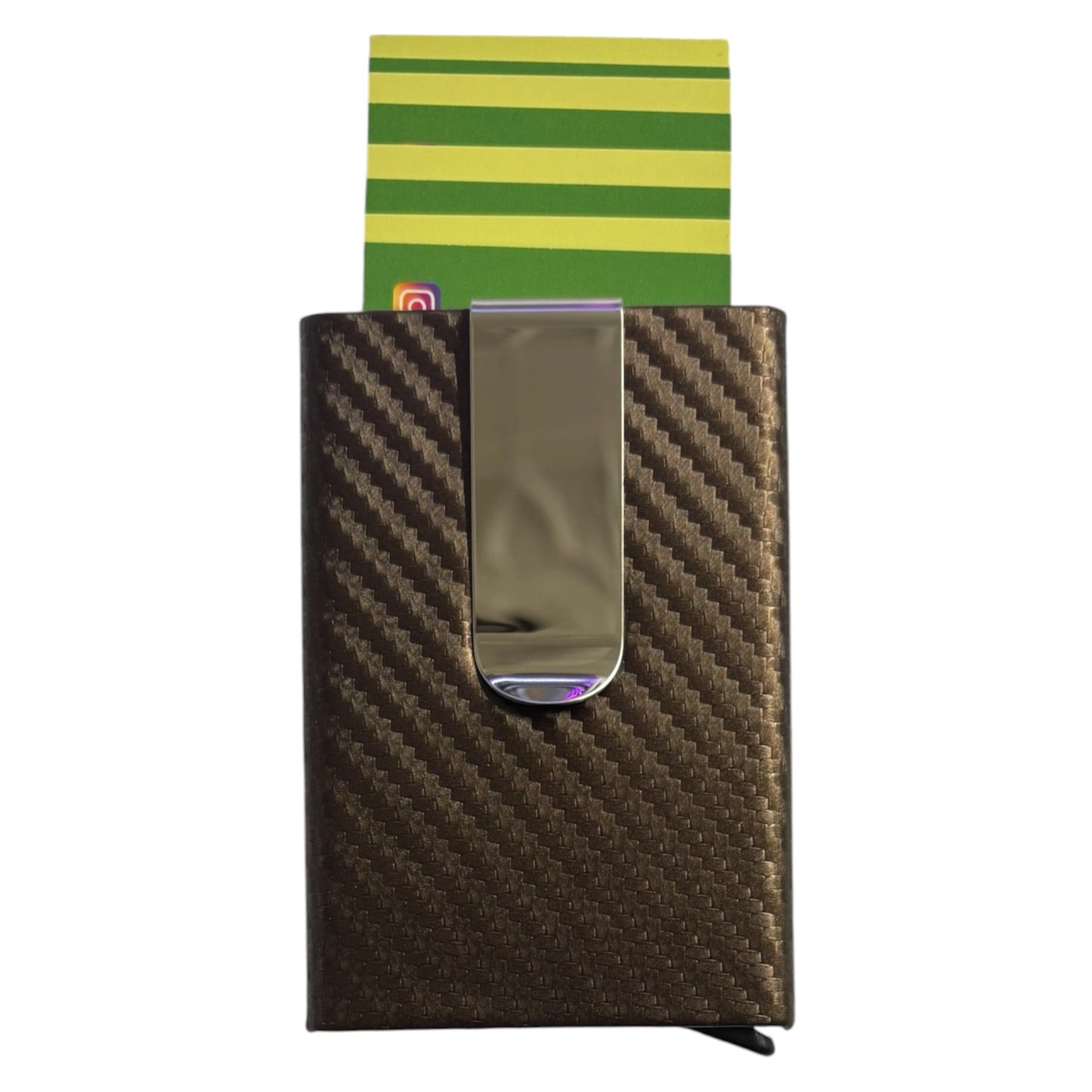 A slim vertical cardholder wallet with a brown carbon fiber pattern and a metallic silver clip, shown with a green and yellow striped card partially inserted, on a white background. The Wee Smoke Shop