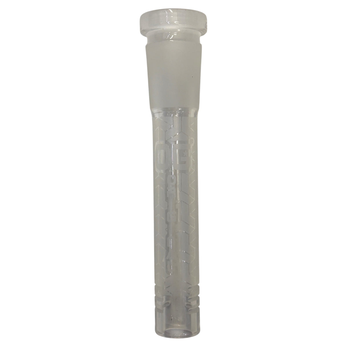 Clear OG glass downstem with a frosted joint, geometric prism-style etched pattern, OG branding, and slotted diffuser end. The Wee Smoke Shop