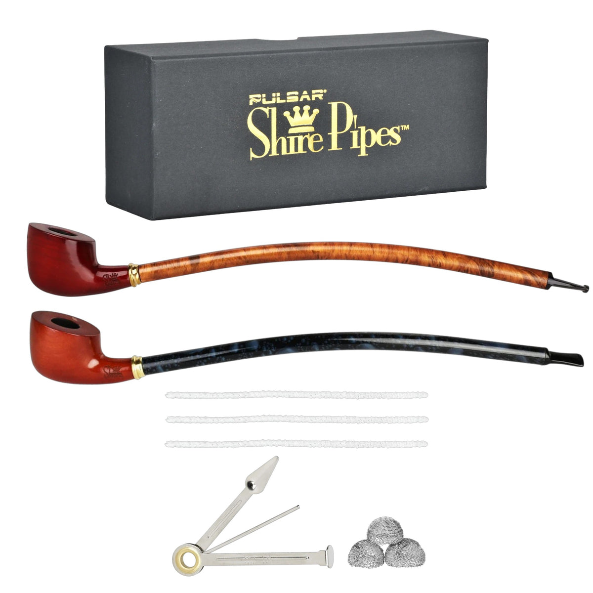 Two Pulsar Shire Pipes long-stem Churchwarden-style pipes in brown and black finishes with a black branded box, white pipe cleaners, folding pipe tool, and silver mesh screens on a white background. The Wee Smoke Shop