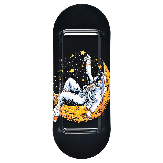 Pulsar Super Spaceman Rolling SK8 Tray a skateboard style tray displaying a astronaut In front of the moon reaching for the stars 
on white background