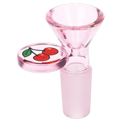 Pink glass bowl piece with cherry handle design. - The Wee Smoke Shop
