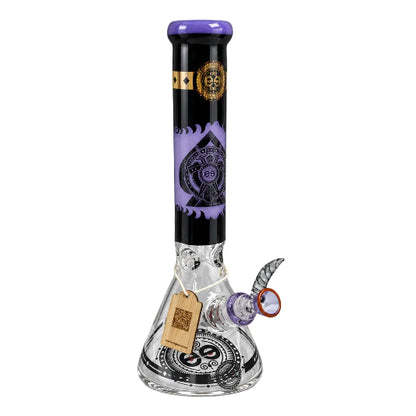 This image features two Cheech 14" Protest the Crest Bongs, each uniquely adorned with vibrant, countercultural-themed artwork. On display are details such as the bong's thick glass construction, approximately 14mm bowl size, and the 7mm thickness.