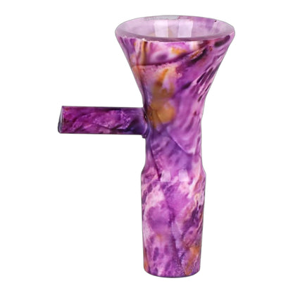 Purple marbled 14mm male herb bowl with orange accent tones, flared funnel-style opening, side handle, and frosted glass finish on a white background. The Wee Smoke Shop