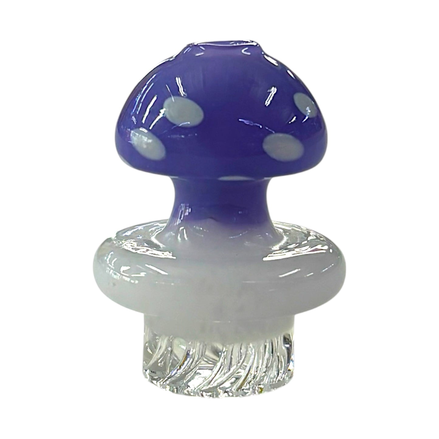 Purple mushroom dab carb cap with white spots, rounded glass top, and clear textured base. - The Wee Smoke Shop