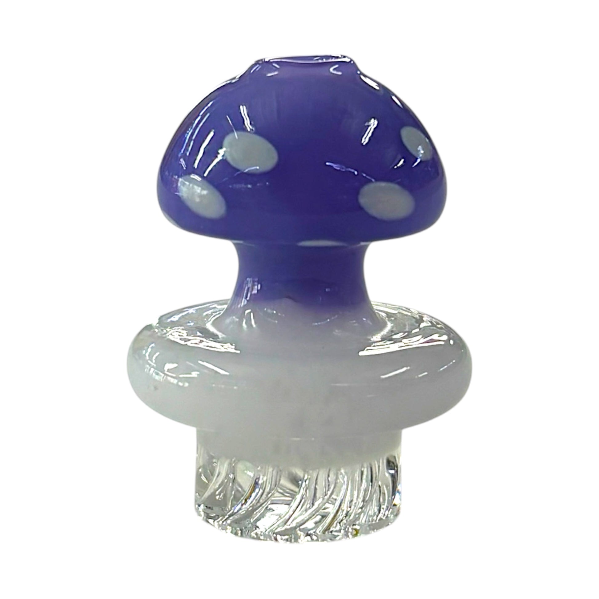 Purple mushroom dab carb cap with white spots, rounded glass top, and clear textured base. - The Wee Smoke Shop