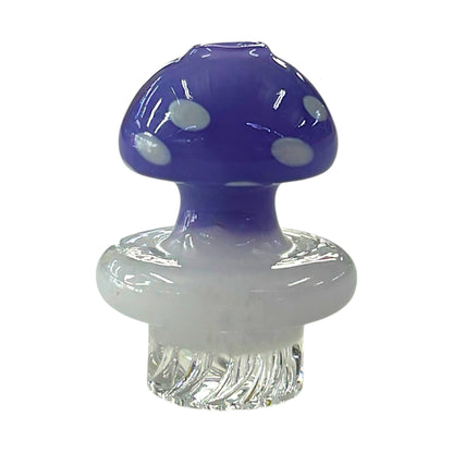 Purple mushroom dab carb cap with white spots, rounded glass top, and clear textured base. - The Wee Smoke Shop