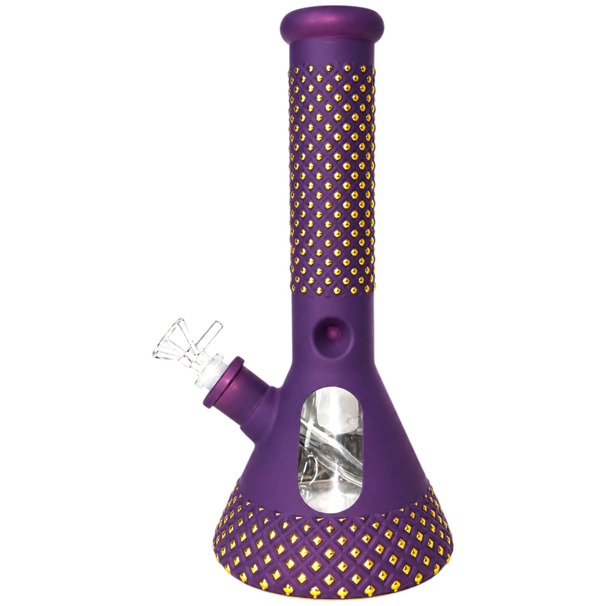 Purple beaker bong with yellow diamond-pattern detailing along the neck and base, clear oval viewing window, and angled glass bowl piece.