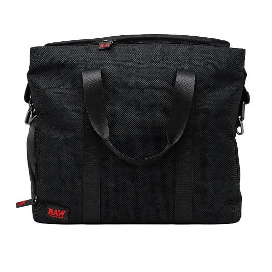 A black handbag with the RAWK & ROLL ALL NIGHT branding, featuring multiple compartments and a foil smell-locking bag inside.