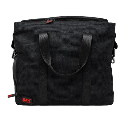 A black handbag with the RAWK & ROLL ALL NIGHT branding, featuring multiple compartments and a foil smell-locking bag inside.
