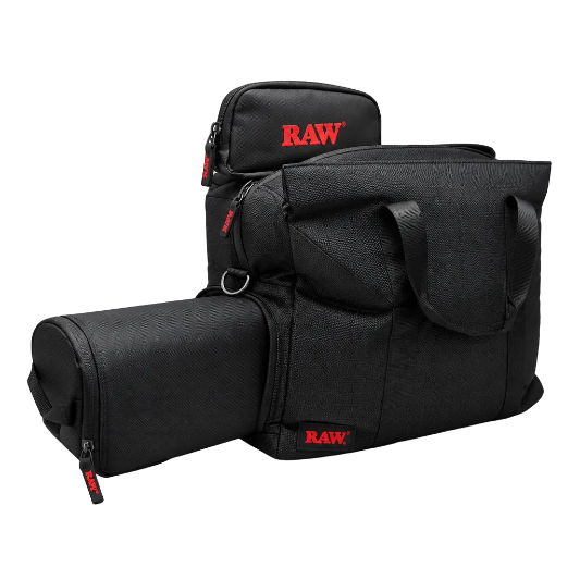 A black handbag with the RAWK & ROLL ALL NIGHT branding, featuring multiple compartments and a foil smell-locking bag inside.