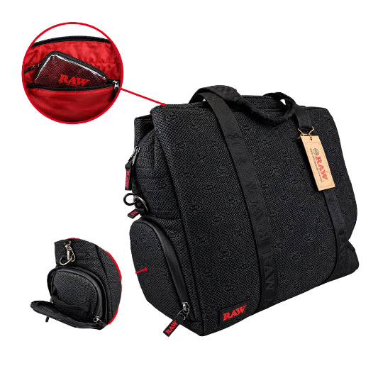 A black handbag with the RAWK & ROLL ALL NIGHT branding, featuring multiple compartments and a foil smell-locking bag inside.