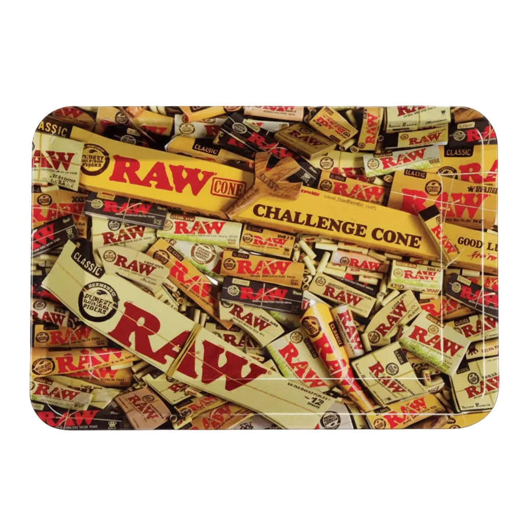 A rectangular tray with rounded corners featuring a collage print of RAW brand rolling papers and cones, with a small brown leather-like band across the center reading 'CHALLENGE CONE'.