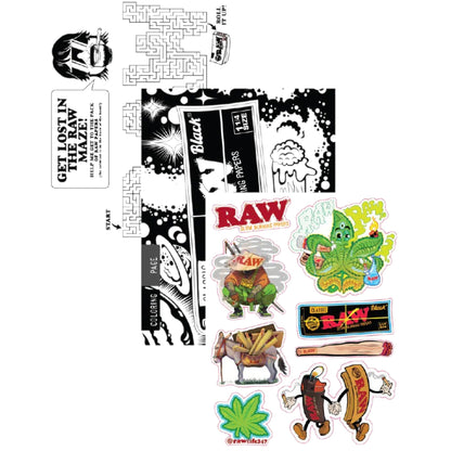 RAW adult stoner activity book pages with maze design and colourful RAW stickers. The Wee Smoke Shop