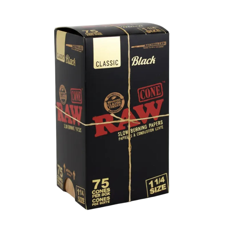 Box of Raw Black Classic cones on a white background