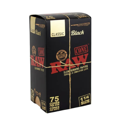 Box of Raw Black Classic cones on a white background
