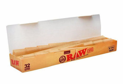 Box of RAW rolling cones with cones inside on a white background
