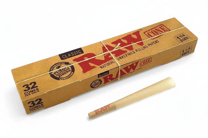 Box of Raw rolling cones with a single cone display on a white background