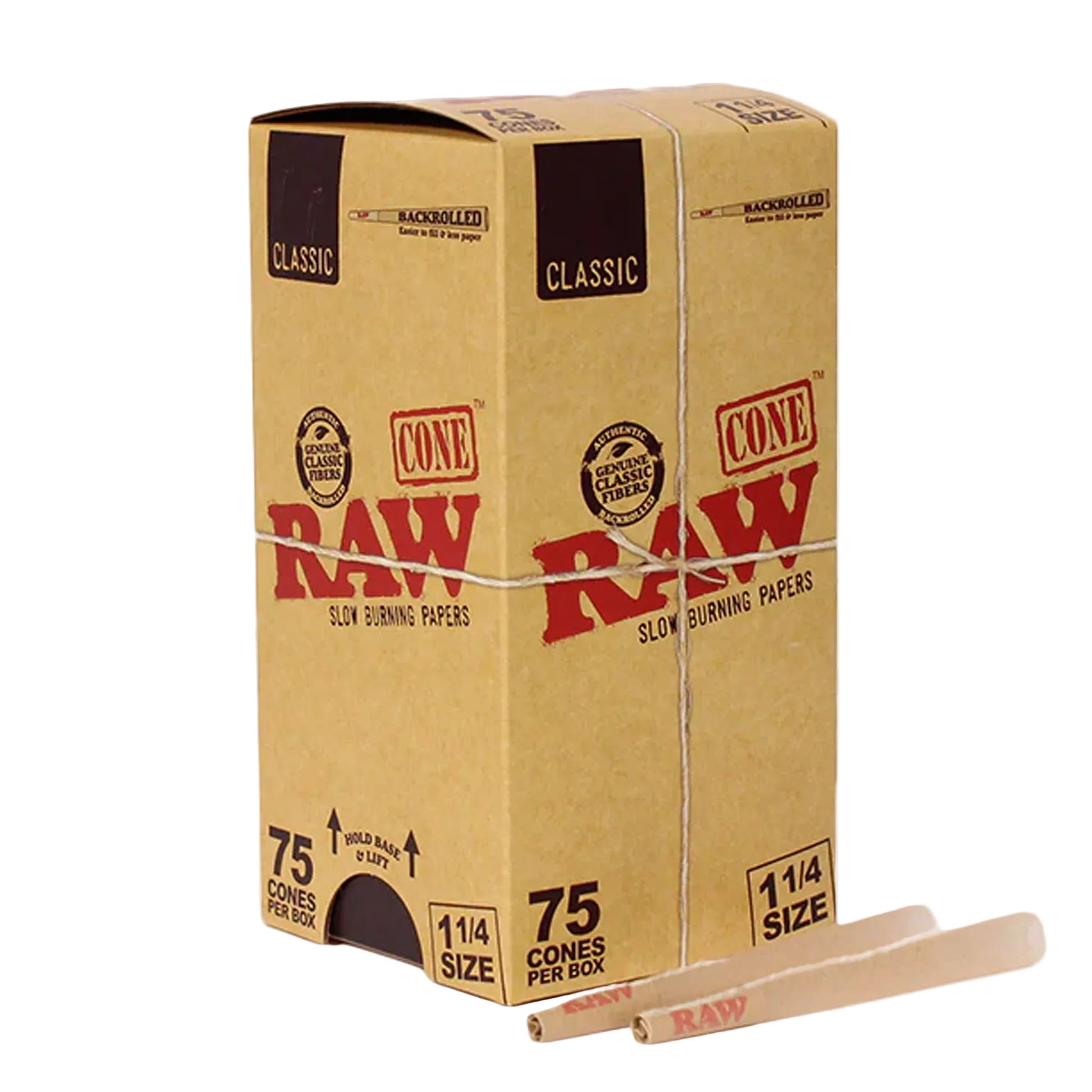 Box of Raw smoking cones with two cones in front on a white background