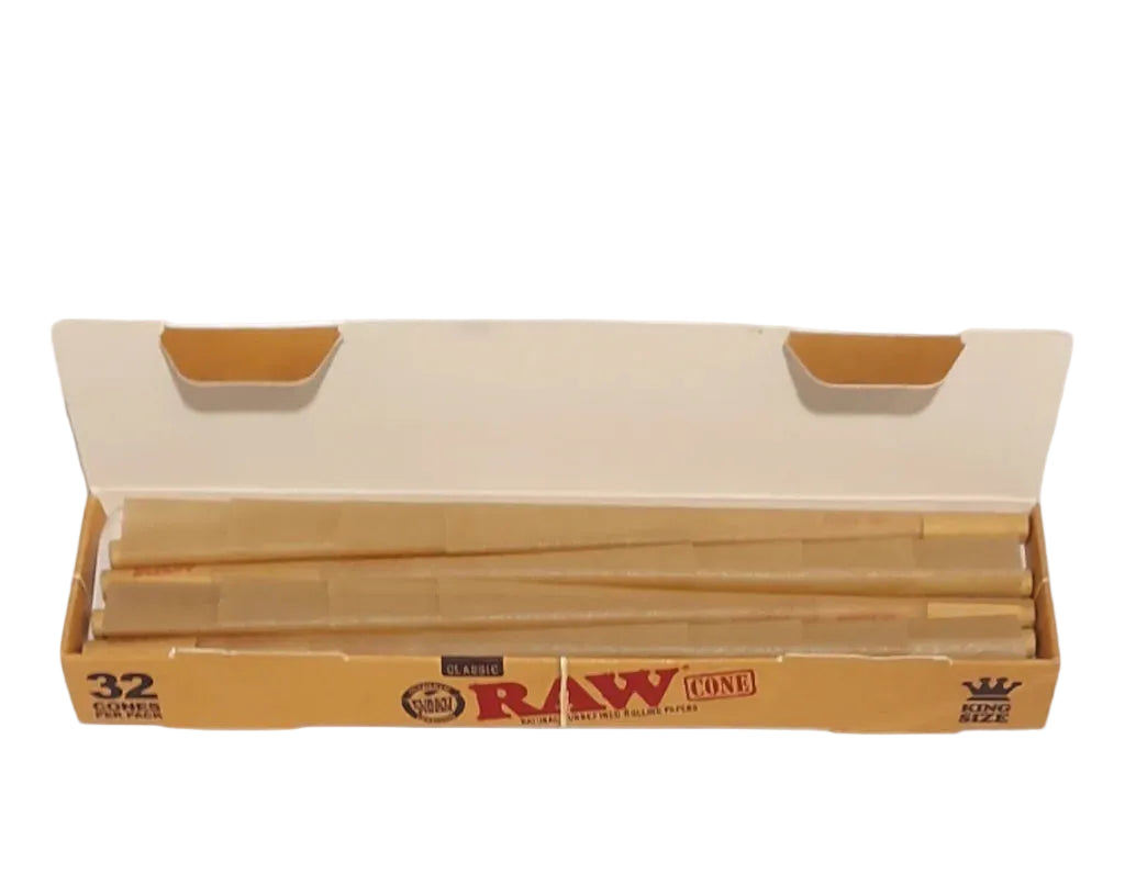 Box of RAW rolling cones on a white background