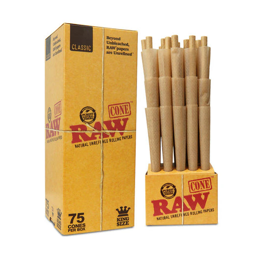 RAW rolling paper king size cones with packaging on a white background