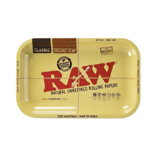Yellow rolling tray with Raw branding on a white background