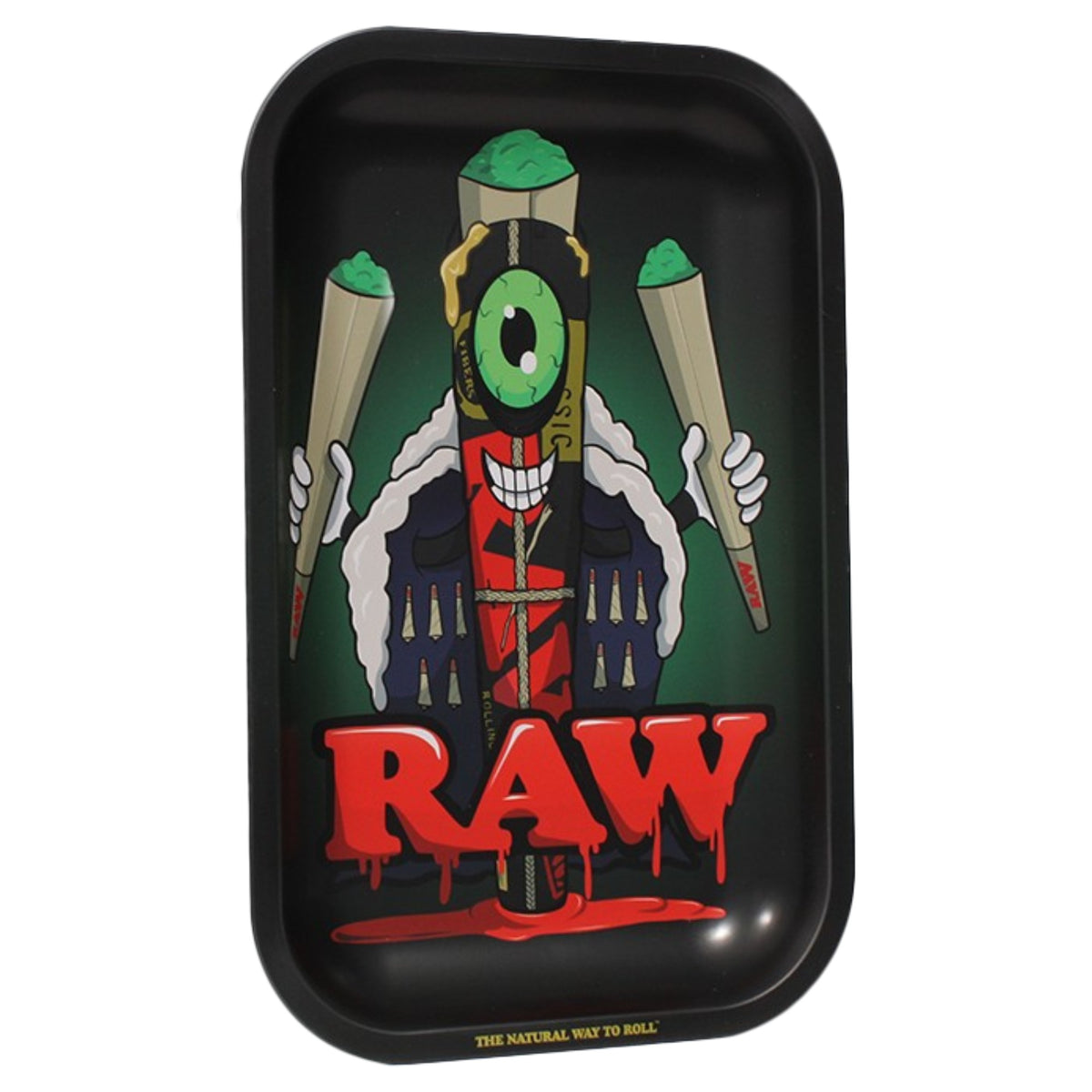 Black RAW rolling tray with raised edges, featuring a cartoon cigar character with a green eye, holding two pre-rolled cones filled with green herbs, and bold red dripping RAW lettering against a dark green background.