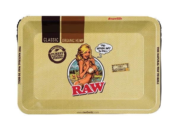 Gold rolling tray with 'RAW' branding and graphic design on a white background