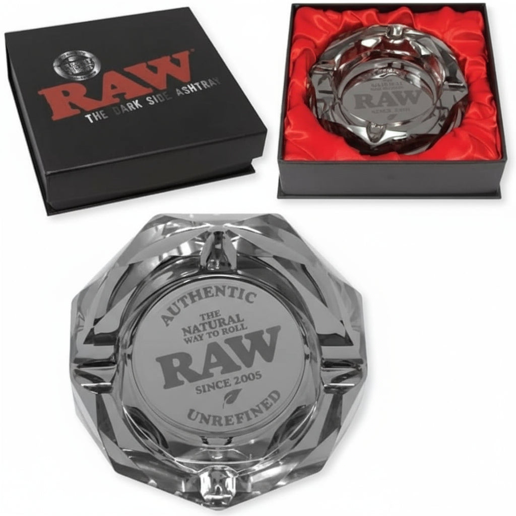 Raw branded crystal ashtray with packaging on a white background