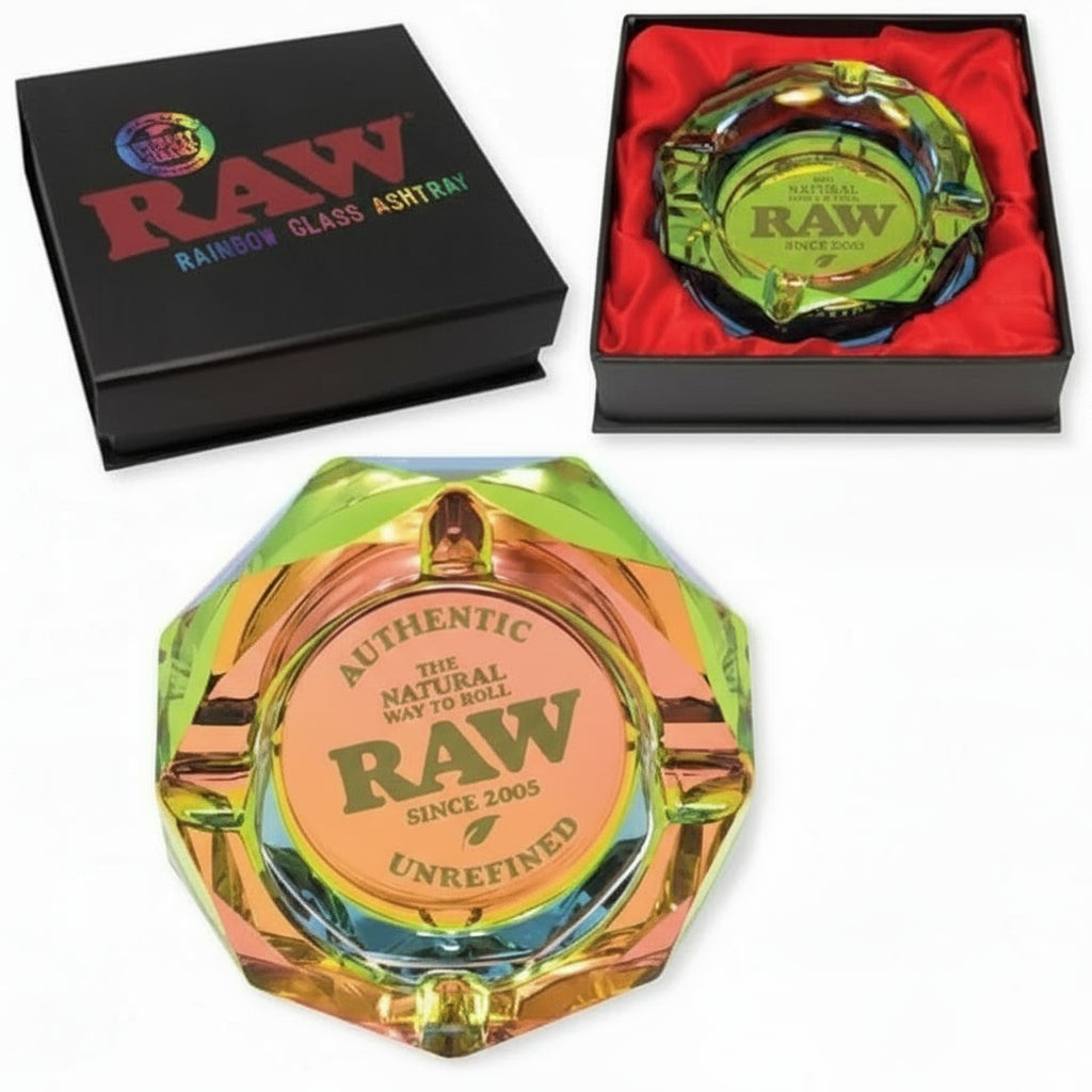 Two colorful glass ashtrays with 'RAW' branding in their packaging.