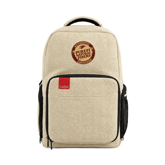 A beige backpack with a subtle logo, upgraded zippers, and twin side compartments.