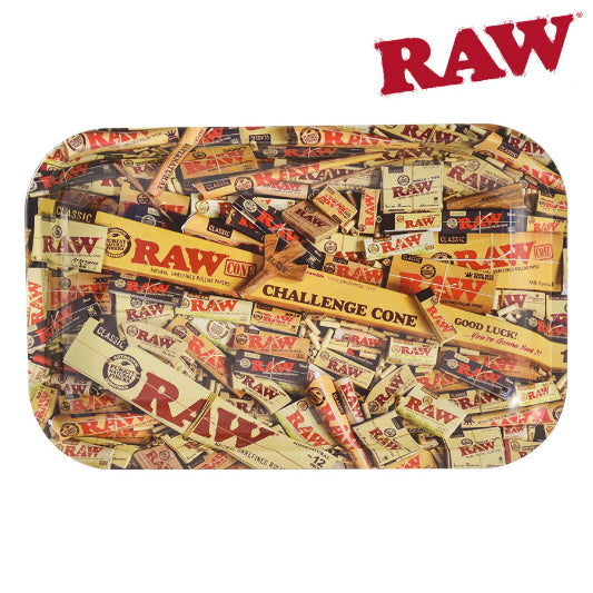 A colorful collection of rolling paper wrappers with the RAW brand logo, arranged in a tray.