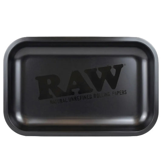 Black rolling tray with 'RAW' branding on a white background