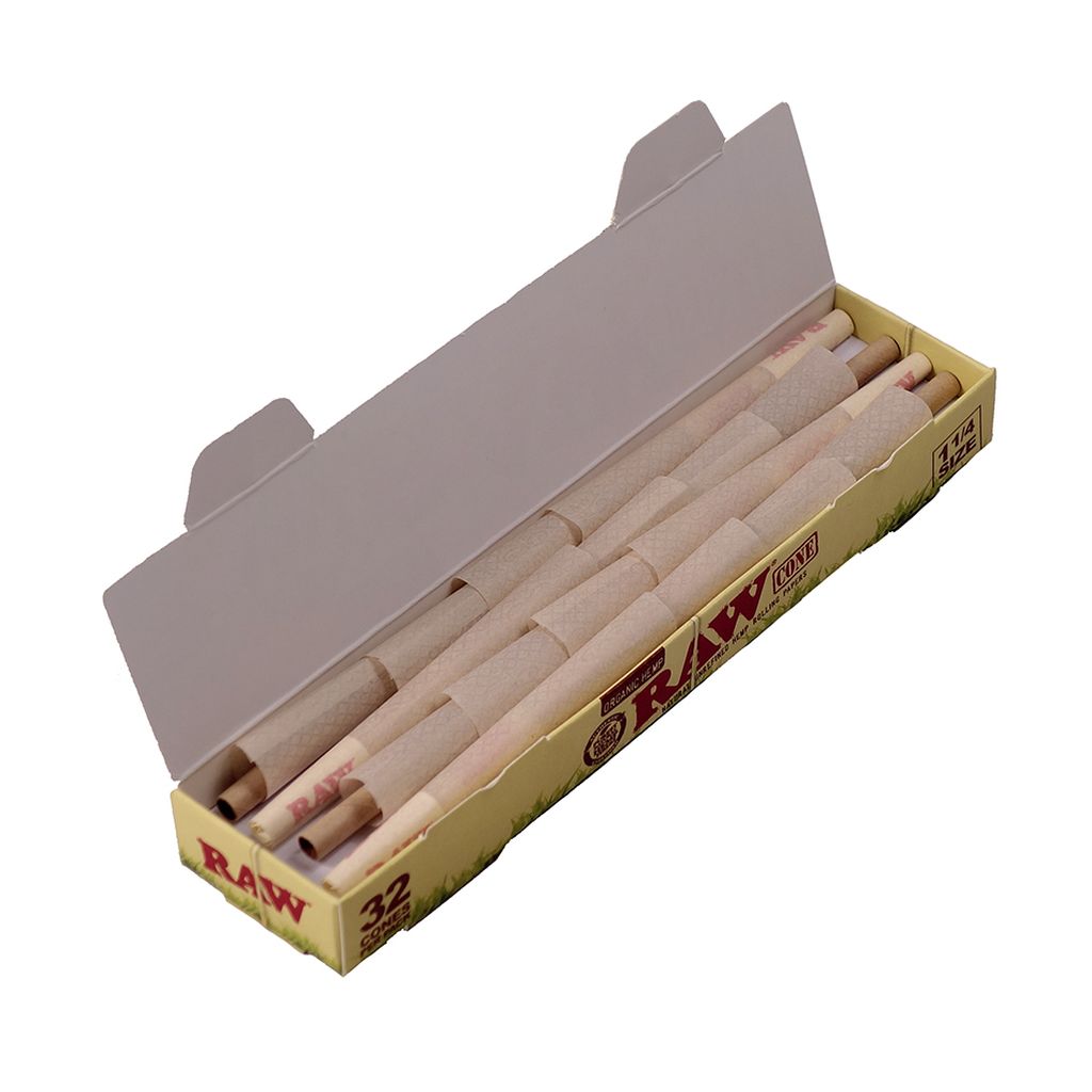 Box of Raw rolling cones on a white background