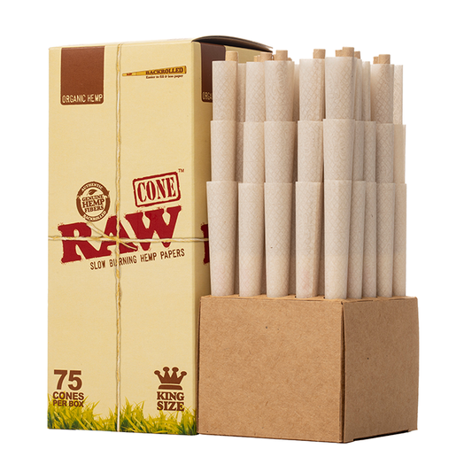 Box of Raw King Size Hemp Cones with multiple cones displayed.