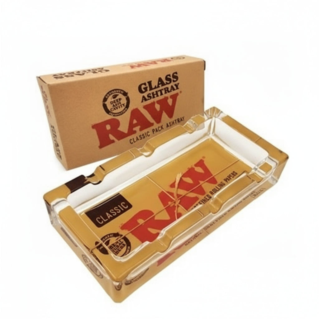 RAW glass ashtray with packaging on a white background - The Wee Smoke Shop