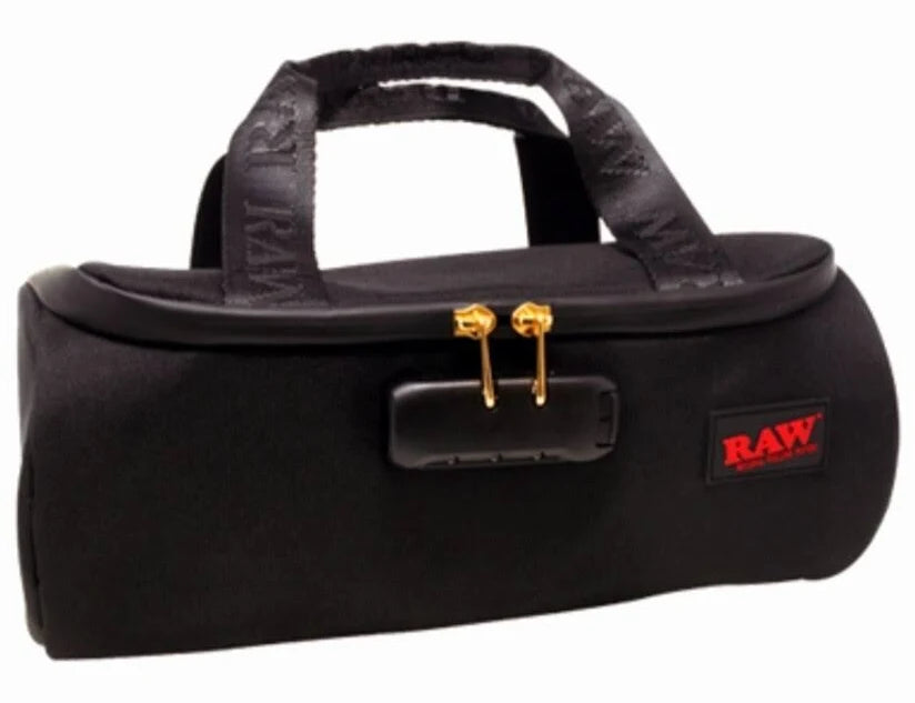 Black carrying case with gold clasps and a RAW logo on a white background