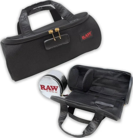 Black carrying case with gold clasp and 'RAW' branding, featuring a rolling tray and accessories on a white background.