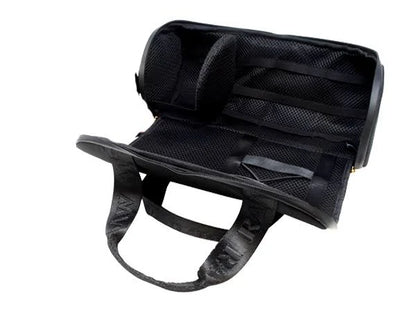 Black travel bag with mesh compartments on a white background