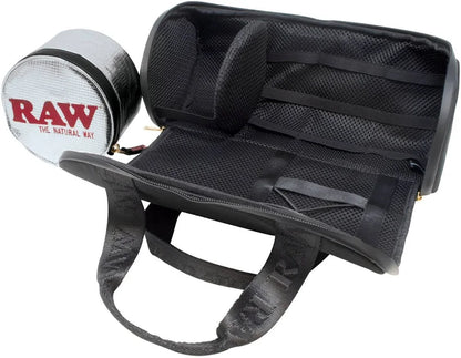 Black mesh bag with a cylindrical container labeled 'RAW' on a white background