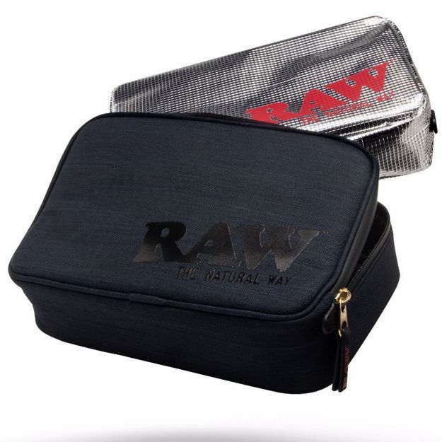 Black half ounce carrying case with 'RAW' branding on a white background
