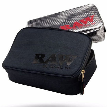 Black half ounce carrying case with 'RAW' branding on a white background
