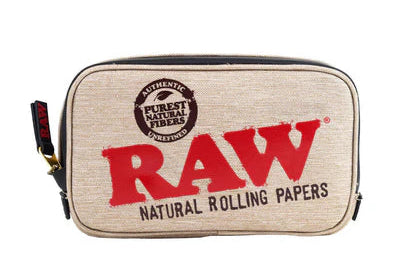 RAW medium smell proof pouch with red and black text on a beige background