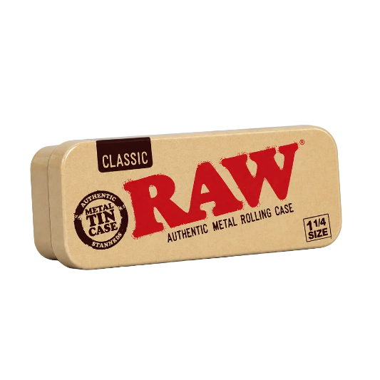 RAW metal rolling case with brown paper wrap on a white background