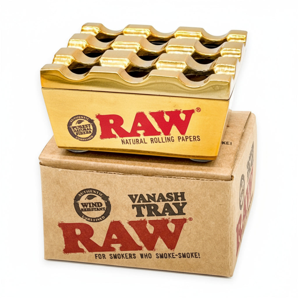 Gold rolling tray with 'RAW' branding on a white background- The Wee Smoke Shop