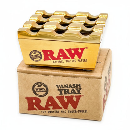 Gold rolling tray with 'RAW' branding on a white background- The Wee Smoke Shop