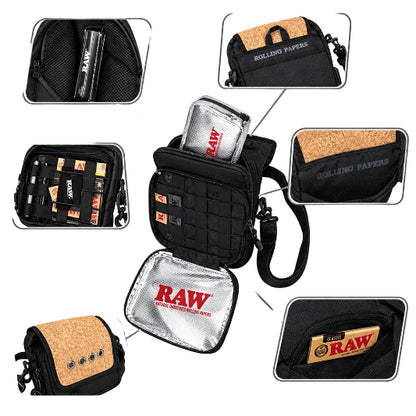 A black and brown RAW x Rolling Papers Day Bag with a cork top and a foil-sealed bag-in-a-bag, featuring Velcro-swappable patches and multiple compartments.