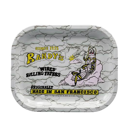 A set of four vintage-style metal rolling trays with various designs, labeled with 'Randy's Rolling Tray' and phrases like 'Roll with Randy's' and 'The World's #1 Rolling Tray Program Made in San Francisco'.