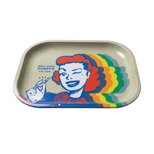 A set of four vintage-style metal rolling trays with various designs, labeled with 'Randy's Rolling Tray' and phrases like 'Roll with Randy's' and 'The World's #1 Rolling Tray Program Made in San Francisco'.
