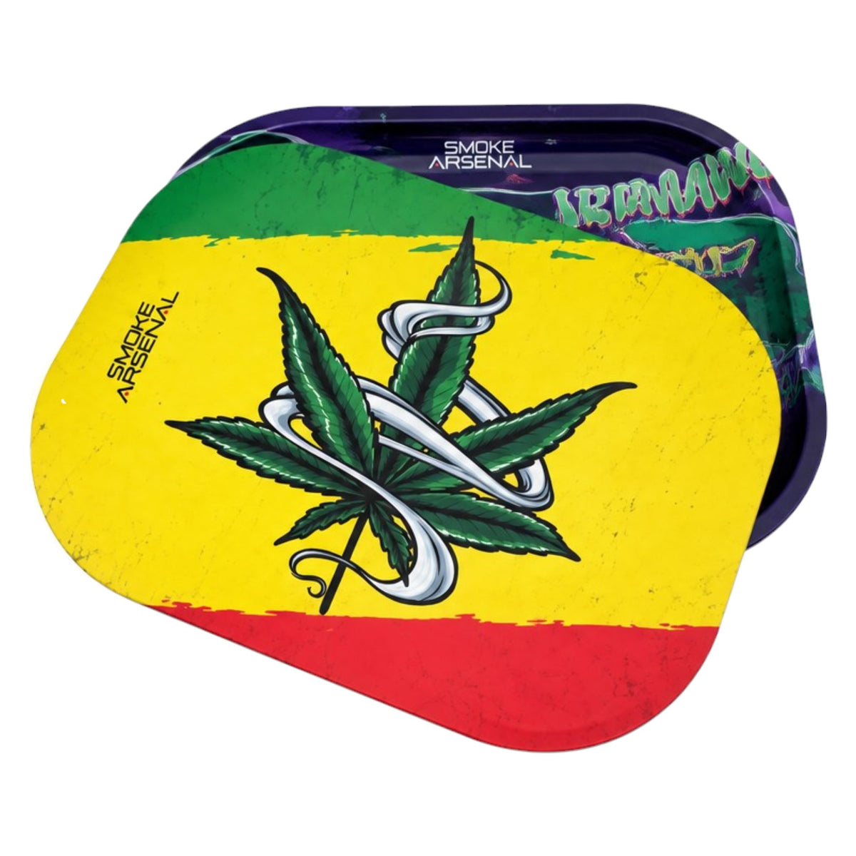 Angled view of the Smoke Arsenal Rasta Forever magnetic rolling tray cover featuring a green cannabis leaf, silver ribbon design, red, yellow, and green Rasta colours, and Smoke Arsenal branding on a flat rectangular cover with rounded corners.