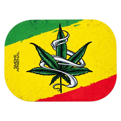 Smoke Arsenal Rasta Forever magnetic rolling tray cover with red, yellow, and green background, dark green cannabis leaf wrapped in a silver ribbon, and vertical Smoke Arsenal logo on the left side.